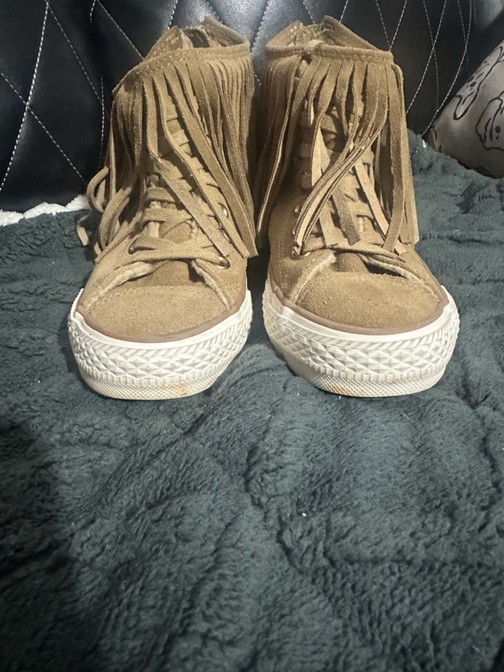 Fringe High-Top Sneakers in Tan Suede